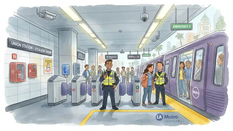 Los Angeles Metro security personnel and safety equipment at transit station