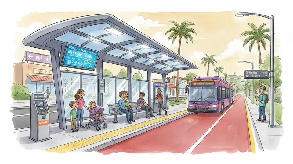 Vermont Avenue bus rapid transit line station with modern amenities, digital displays, and enhanced safety features for World Cup transit service