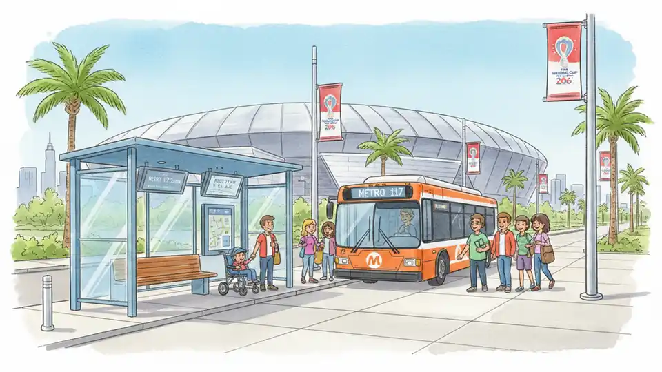 Metro LA bus at modern transit stop with SoFi Stadium visible in background, showing infrastructure improvements and World Cup 2026 signage