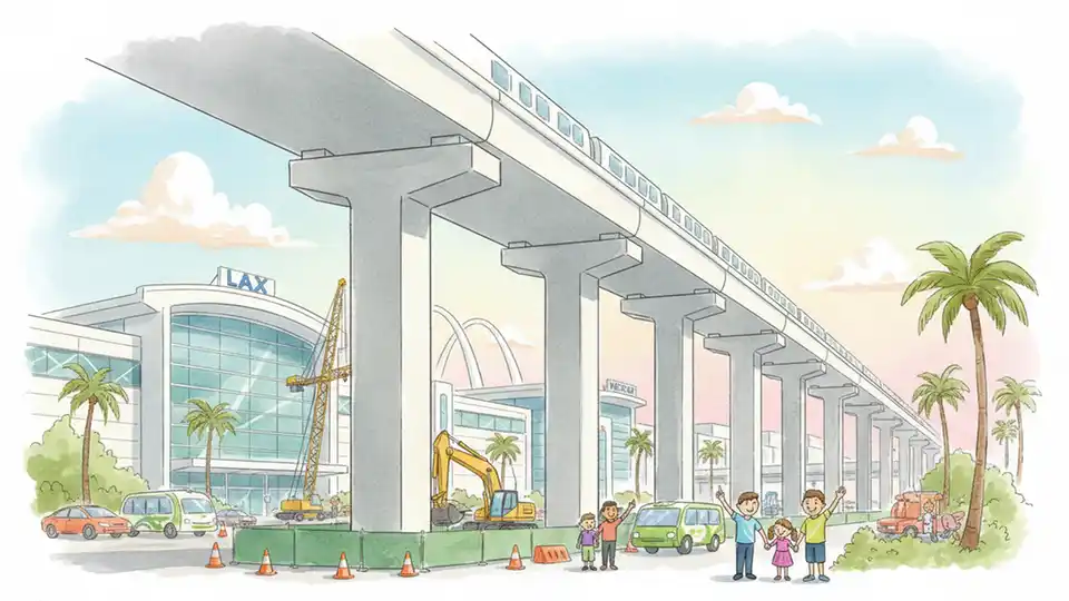 Elevated guideway construction for LAX Automated People Mover train system with terminal buildings in background