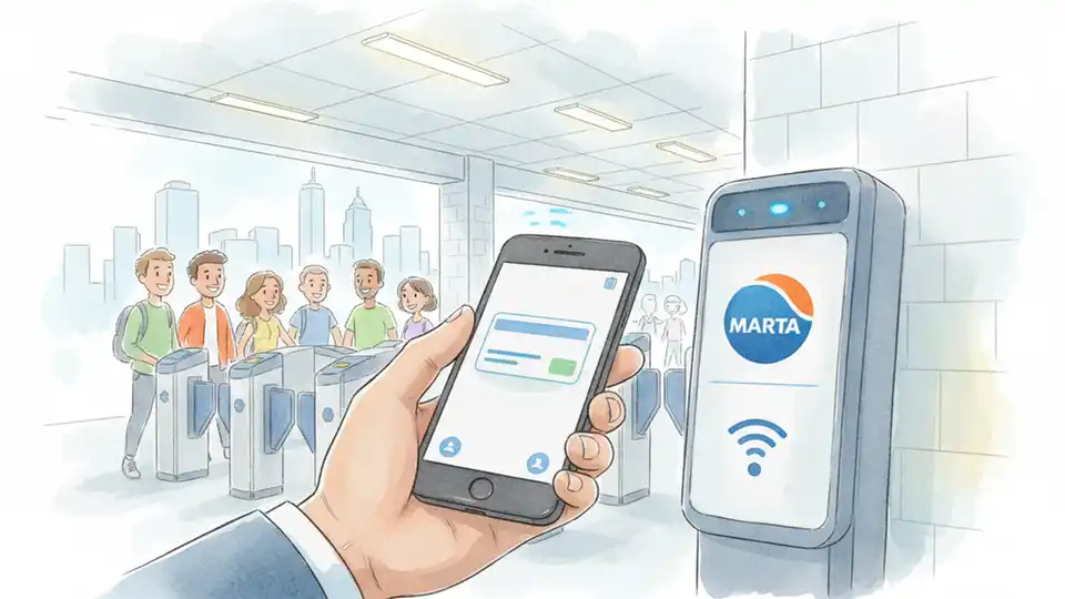 Commuter using smartphone mobile wallet to tap and pay at MARTA contactless fare reader, close-up view showing payment transaction at Atlanta transit station