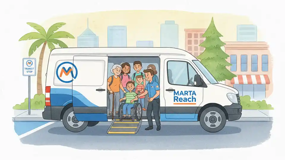 MARTA Reach van picking up passengers at a designated zone in metro Atlanta with riders boarding the vehicle