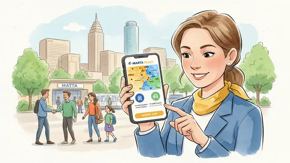 Passenger using mobile phone to book MARTA Reach ride with app interface visible showing zone map and pickup options