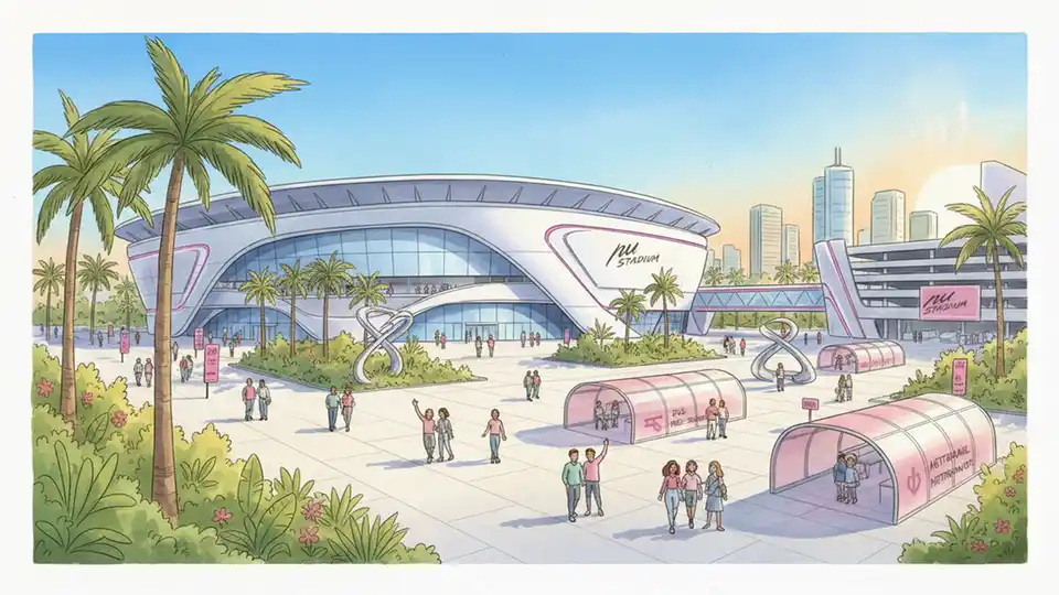 Nu Stadium exterior view showing modern soccer venue architecture with Miami Freedom Park surroundings and transit access points