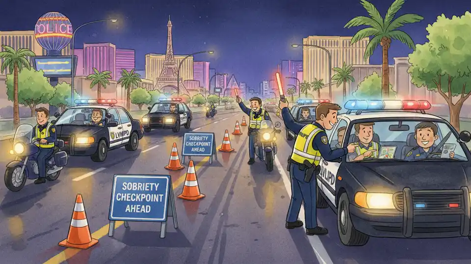 Police DUI checkpoint with officers conducting traffic stop at night in Las Vegas