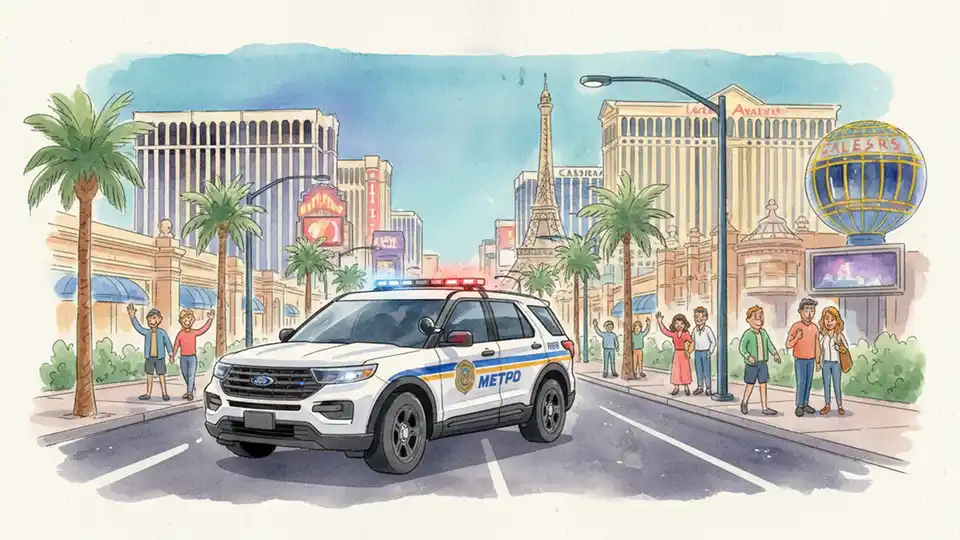 Las Vegas Metropolitan Police patrol car on the Las Vegas Strip at night with casino lights in background