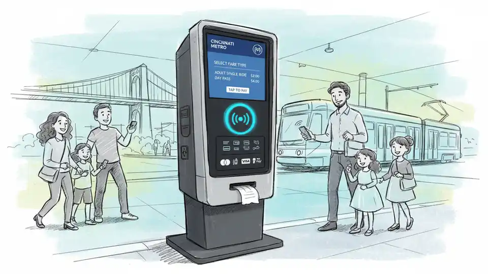 Digital fare payment terminal at transit station with contactless payment reader
