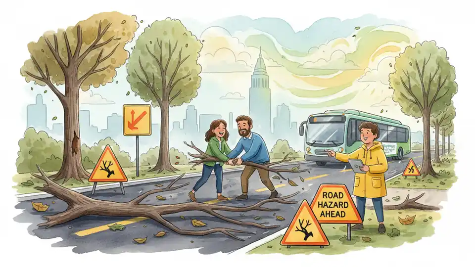 Fallen tree branches and debris on roadway with transit warning signs visible