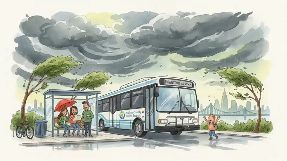 Medina County Public Transit bus at stop with stormy skies and wind-blown trees in background