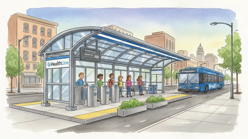 Cleveland RTA HealthLine bus rapid transit station with fare gates