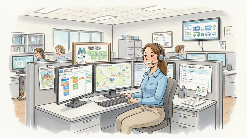 Transit dispatcher coordinating on-demand ride requests at Medina County Public Transit operations center