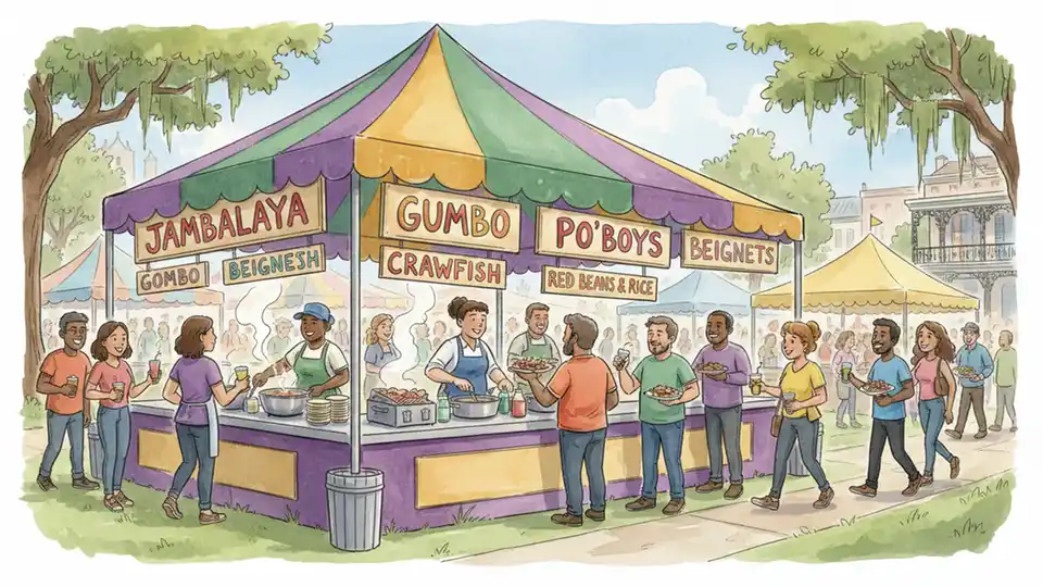 Food vendor booth serving Louisiana cuisine at outdoor festival with crowds of attendees