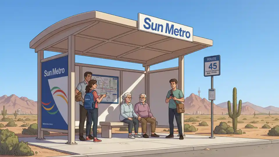 El Paso transit passengers waiting at covered bus shelter with clear skies and sun protection