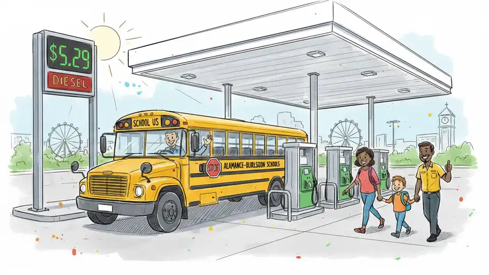Alamance-Burlington school bus at fuel station with diesel price sign showing over $5 per gallon