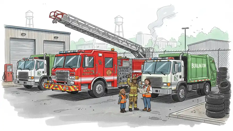 Burlington city diesel-powered fire truck and waste collection vehicles at municipal depot