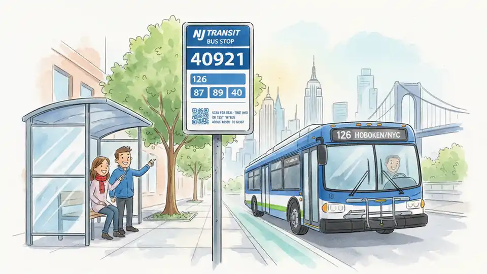 NJ Transit bus route sign showing stop number and schedule information