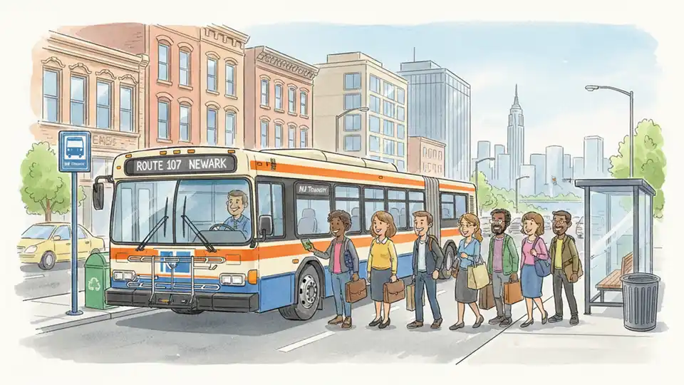 NJ Transit bus at downtown stop with passengers boarding