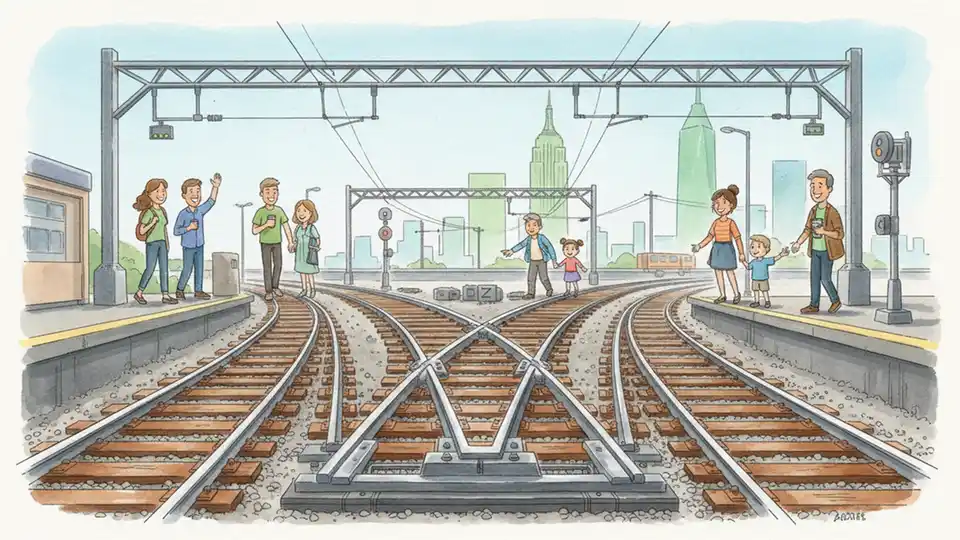 Railway switch mechanism and tracks at major train station junction showing infrastructure detail