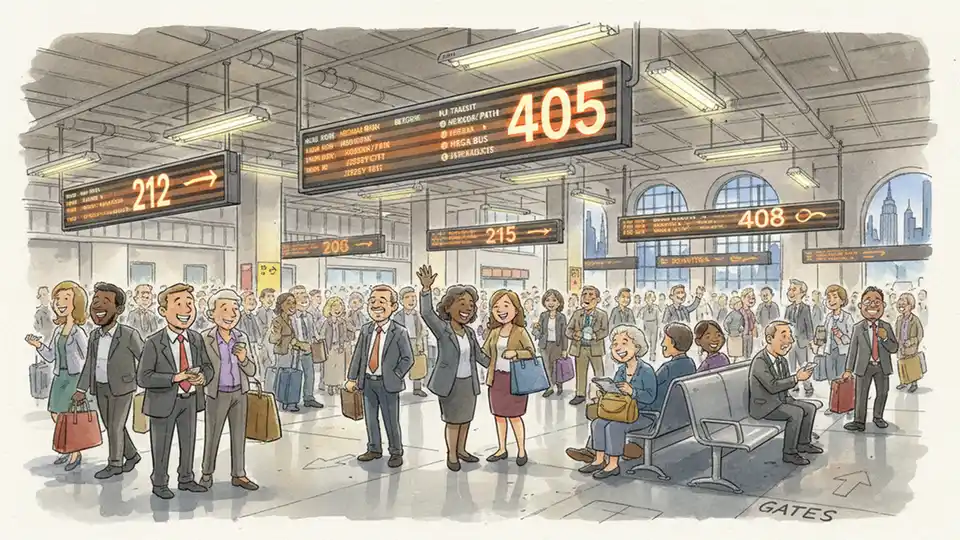 Interior view of Port Authority Bus Terminal departure gates showing digital schedule boards and waiting passengers during evening rush hour