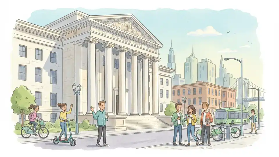 Brooklyn Supreme Court building exterior, classical architecture with columns, street view showing courthouse entrance and steps, daytime lighting