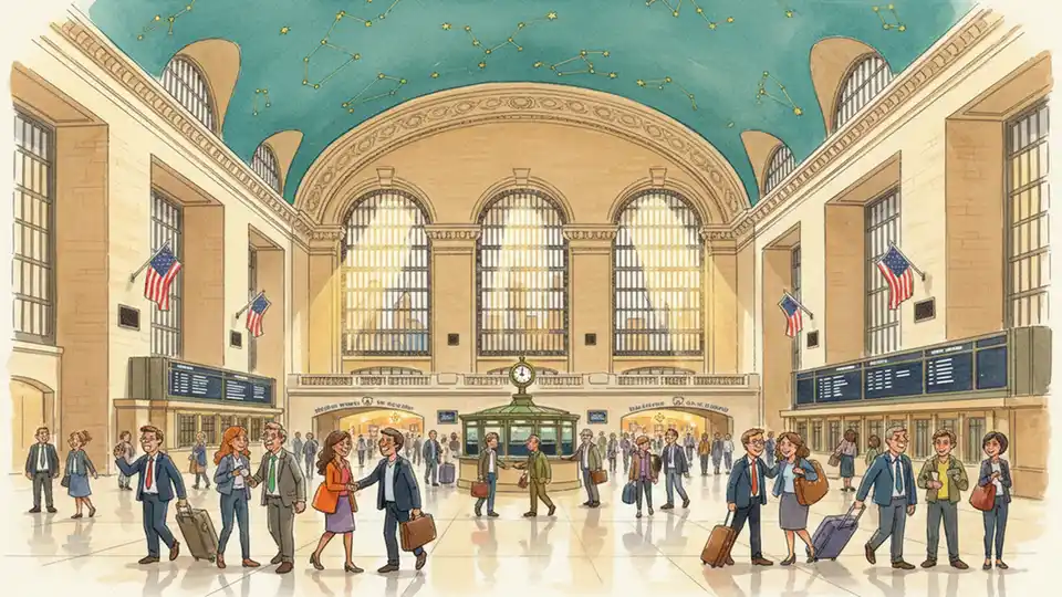 Grand Central Terminal main concourse with information boards and commuters walking through the historic station