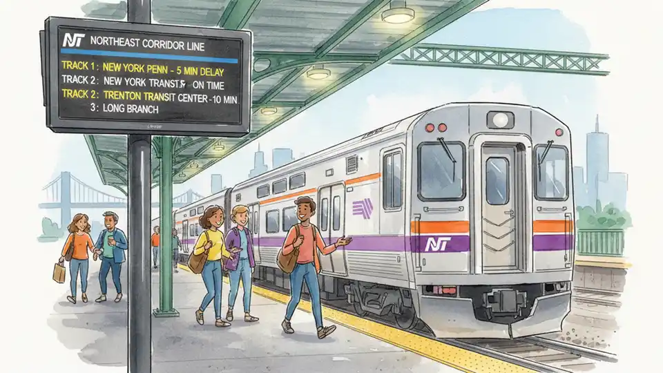 NJ Transit train at station platform with DEPARTUREVISION monitor displaying arrival times in foreground