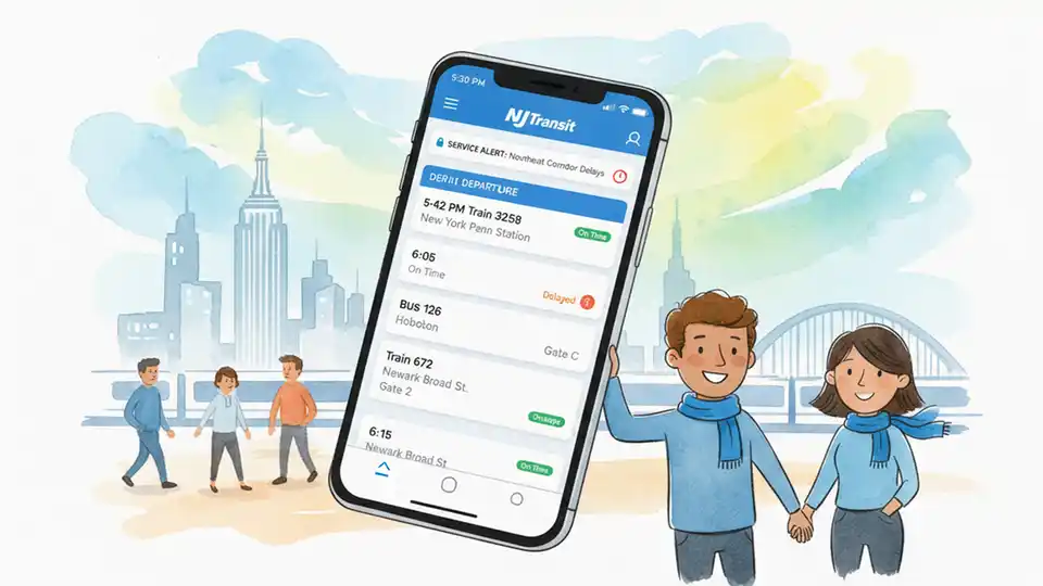 Close-up of smartphone screen showing NJ Transit mobile app with push notification alerts and departure times