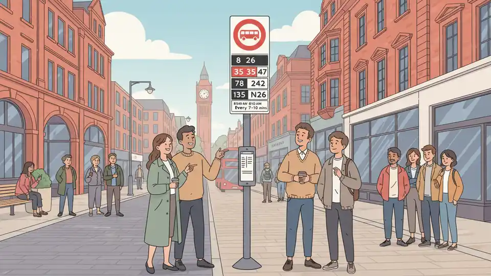 Bus stop sign on Liverpool street showing route numbers and schedule information with urban neighborhood in background