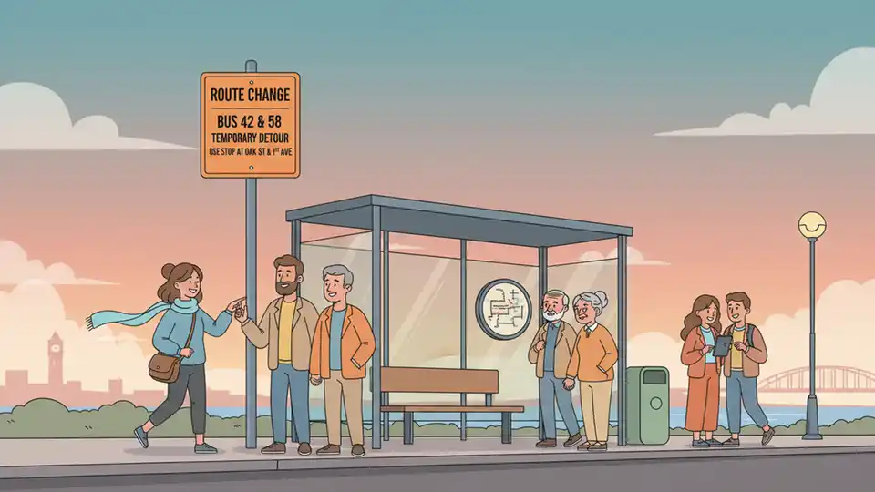 Bus route detour sign posted at transit stop with evening sky in background