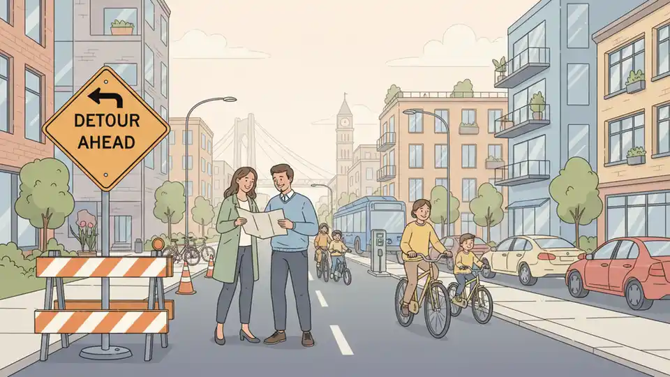 Traffic detour sign on urban street, orange construction barriers visible, residential buildings and parked cars along roadside