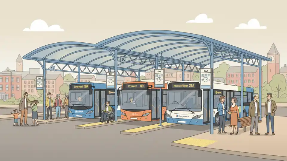 Huyton Bus Station with buses at terminal stands showing normal service operations