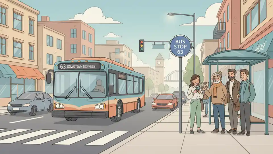 Service 63 bus on urban street with passengers waiting at stop