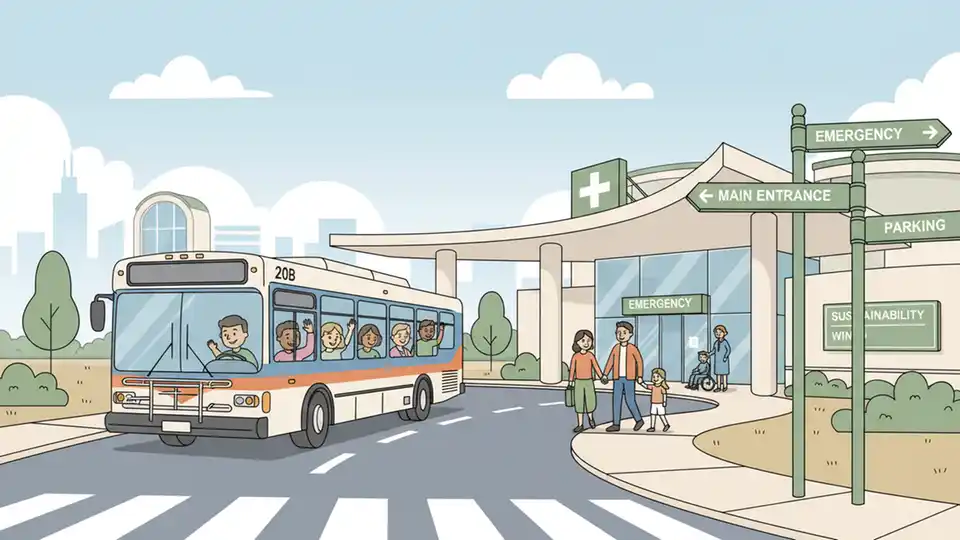 Bus turning at hospital entrance with directional signage visible