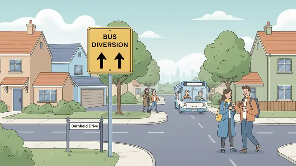 Bus diversion route sign showing alternate path with Barnfield Drive street sign visible at residential intersection