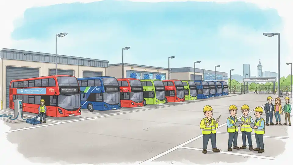 Modern bus fleet at depot with maintenance staff and vehicles in Walsall