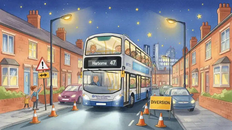 Birmingham bus navigating residential street detour at night with road work signs visible