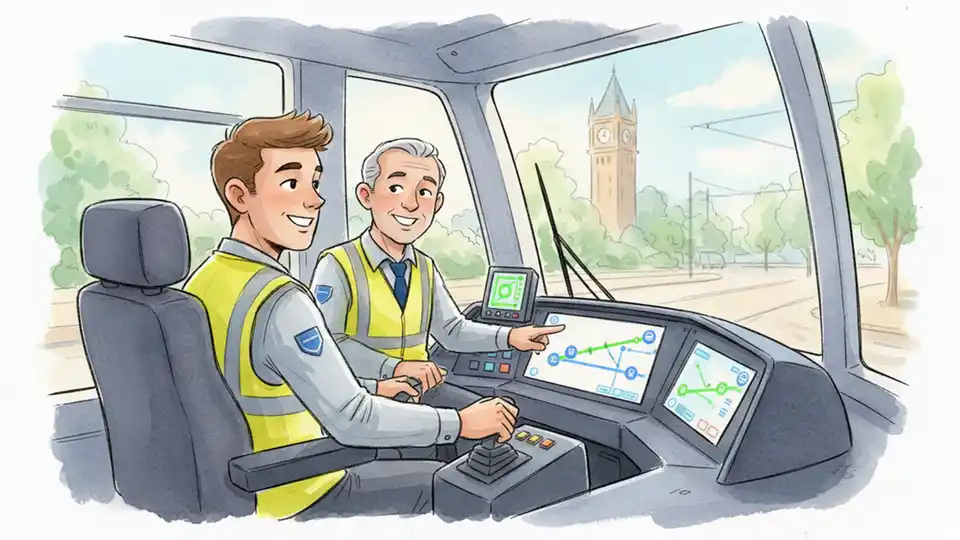 Transit operator in driver's cab during training session with instructor