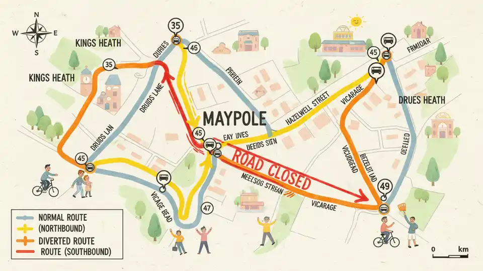 Bus route map showing detour around Alcester Road South closure in Maypole area with alternative streets highlighted