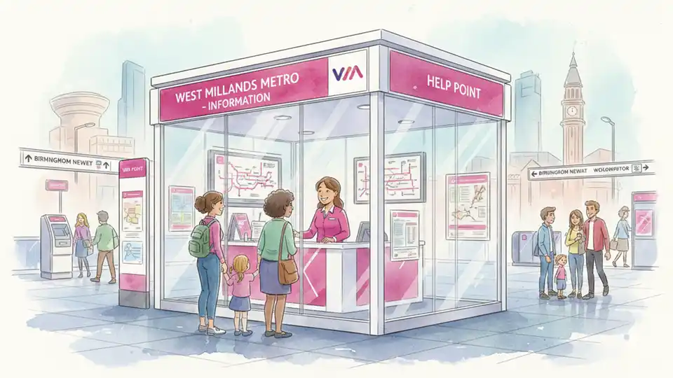 Metro transit system information booth with customer service signage