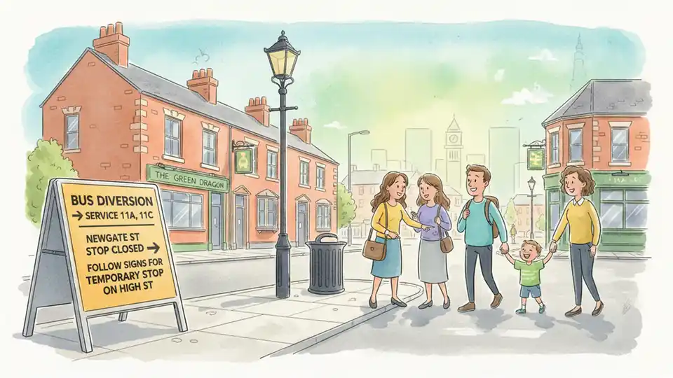 Bus route detour sign on urban street with alternative route directions clearly visible for transit passengers