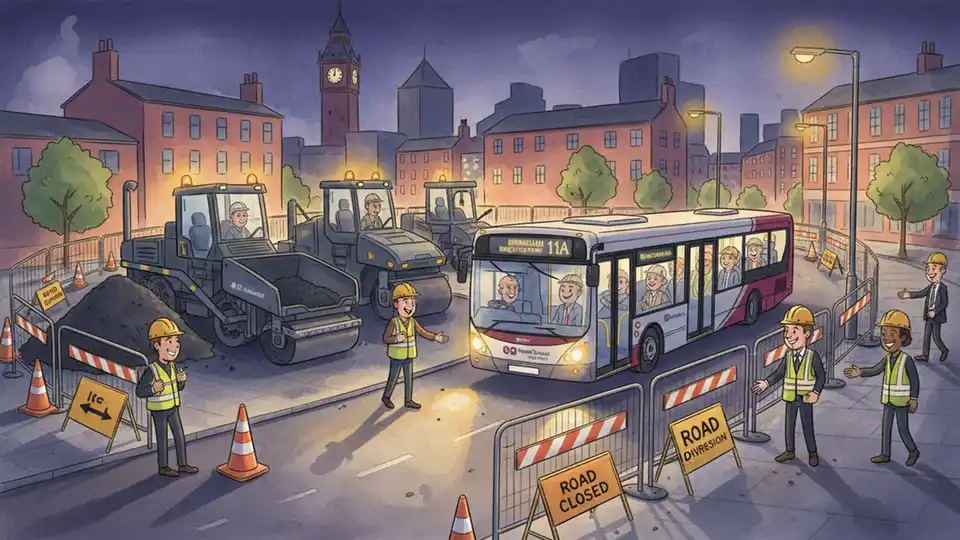 Road resurfacing equipment and construction barriers on urban street at night with transit bus passing on detour route