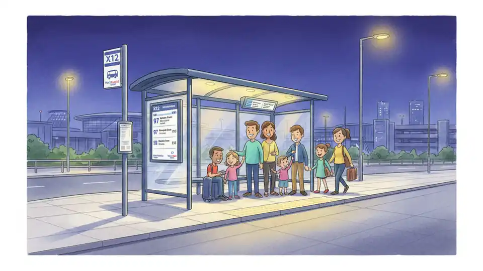 Birmingham Airport Train Station bus stop with route information signage and shelter at night