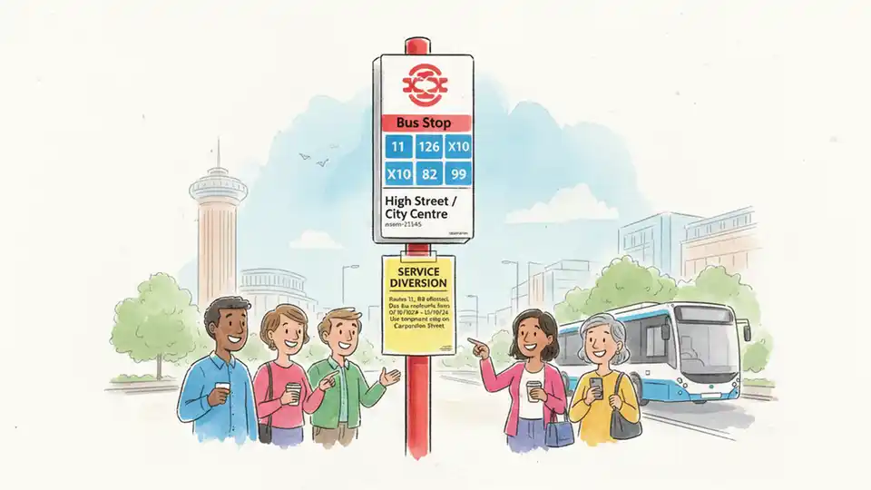 Bus stop sign showing multiple route numbers with temporary diversion notice posted