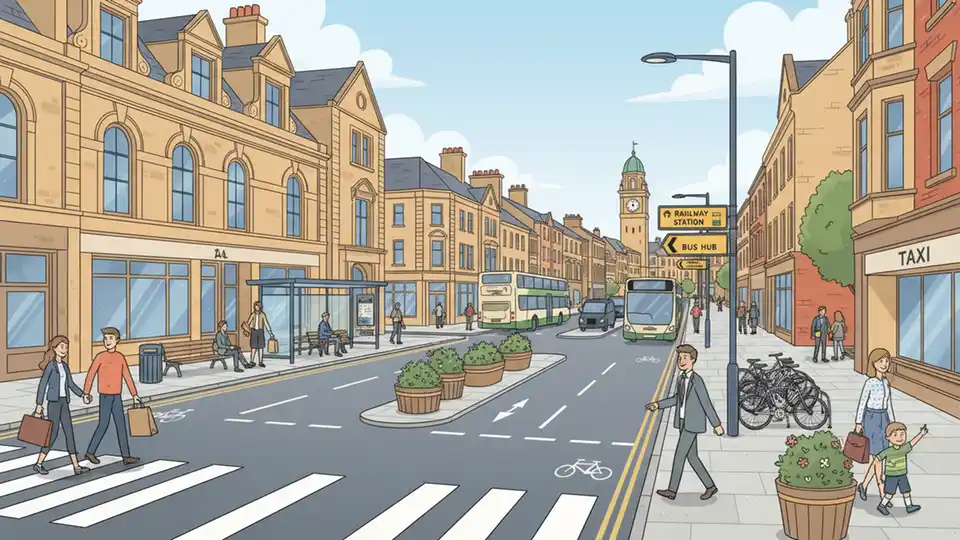Harrogate town center street view showing current traffic arrangements near bus and railway station area, with pedestrians and existing transport infrastructure