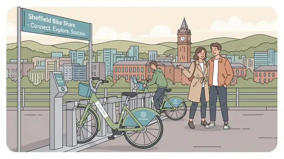 Sheffield City Council eBike at docking station with city skyline and hills in distance