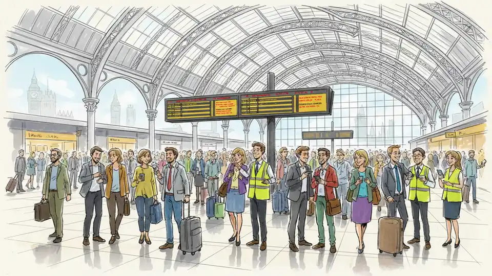 Crowded London King's Cross station concourse with passengers checking departure boards and seeking alternative routes during rail disruption