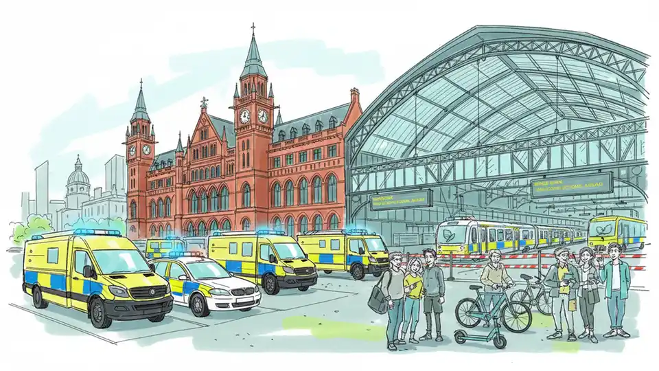 Emergency services vehicles near St Pancras International station with closed rail platforms visible in background, showing blocked train lines and disrupted service