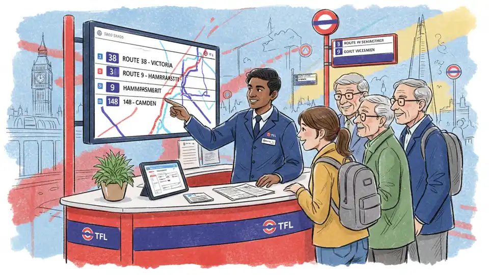 TfL staff member assisting passengers at bus station information desk, showing customer service interaction