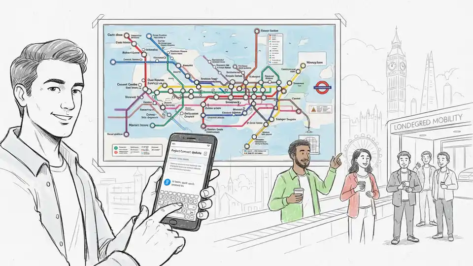 Person typing email on smartphone with London Underground map visible in background