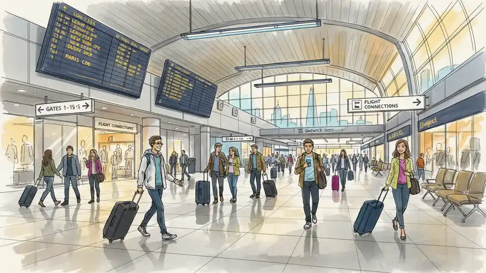 London Gatwick Airport terminal interior showing departure boards and passengers with luggage heading to gates
